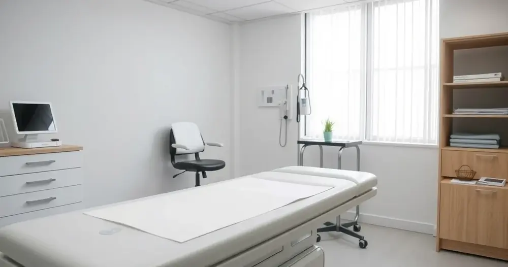 Maca de consultório com papel branco em sala de exame iluminada